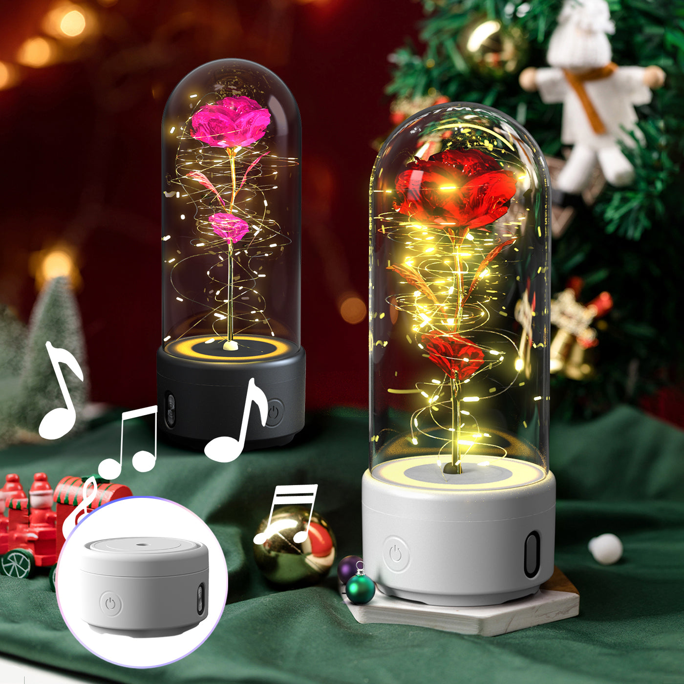 Lampe LED Créative 2-en-1 avec Haut-Parleur Bluetooth : Rose Lumineuse sous Cloche en Verre - Cadeau de Saint-Valentin