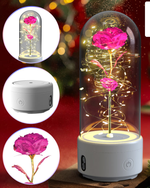 Lampe LED Créative 2-en-1 avec Haut-Parleur Bluetooth : Rose Lumineuse sous Cloche en Verre - Cadeau de Saint-Valentin