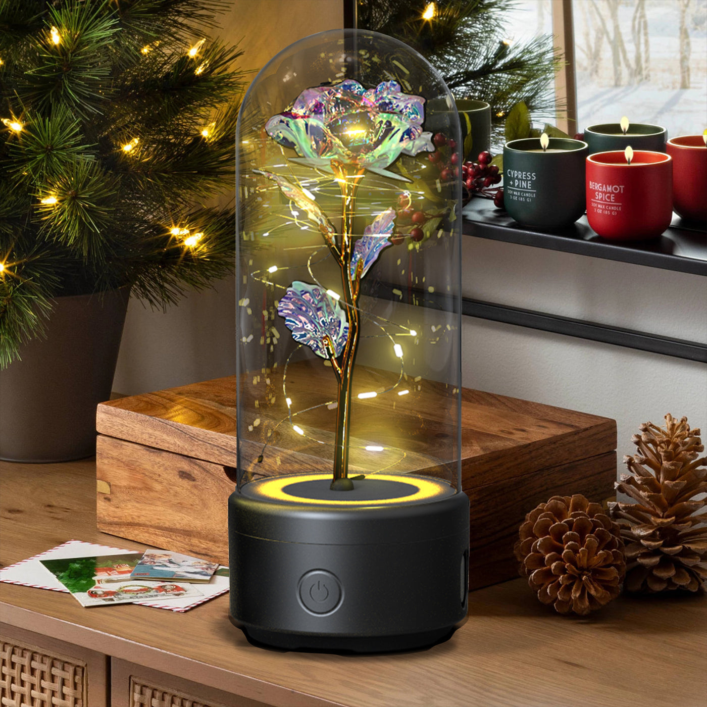 Lampe LED Créative 2-en-1 avec Haut-Parleur Bluetooth : Rose Lumineuse sous Cloche en Verre - Cadeau de Saint-Valentin