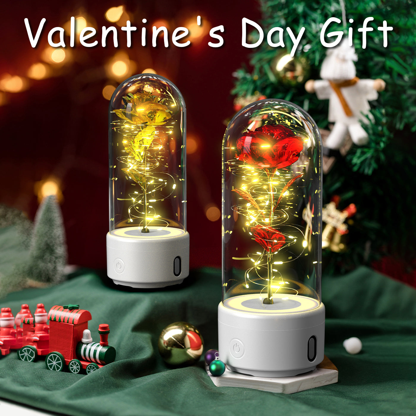 Lampe LED Créative 2-en-1 avec Haut-Parleur Bluetooth : Rose Lumineuse sous Cloche en Verre - Cadeau de Saint-Valentin