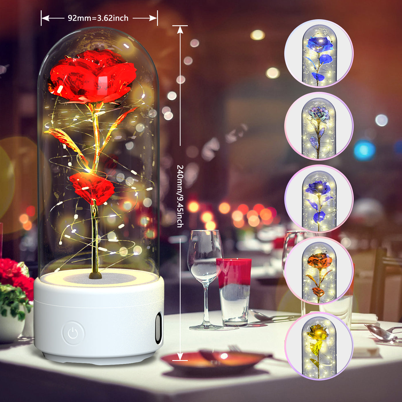 Lampe LED Créative 2-en-1 avec Haut-Parleur Bluetooth : Rose Lumineuse sous Cloche en Verre - Cadeau de Saint-Valentin