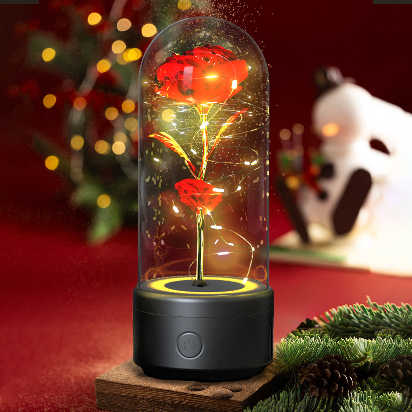 Lampe LED Créative 2-en-1 avec Haut-Parleur Bluetooth : Rose Lumineuse sous Cloche en Verre - Cadeau de Saint-Valentin