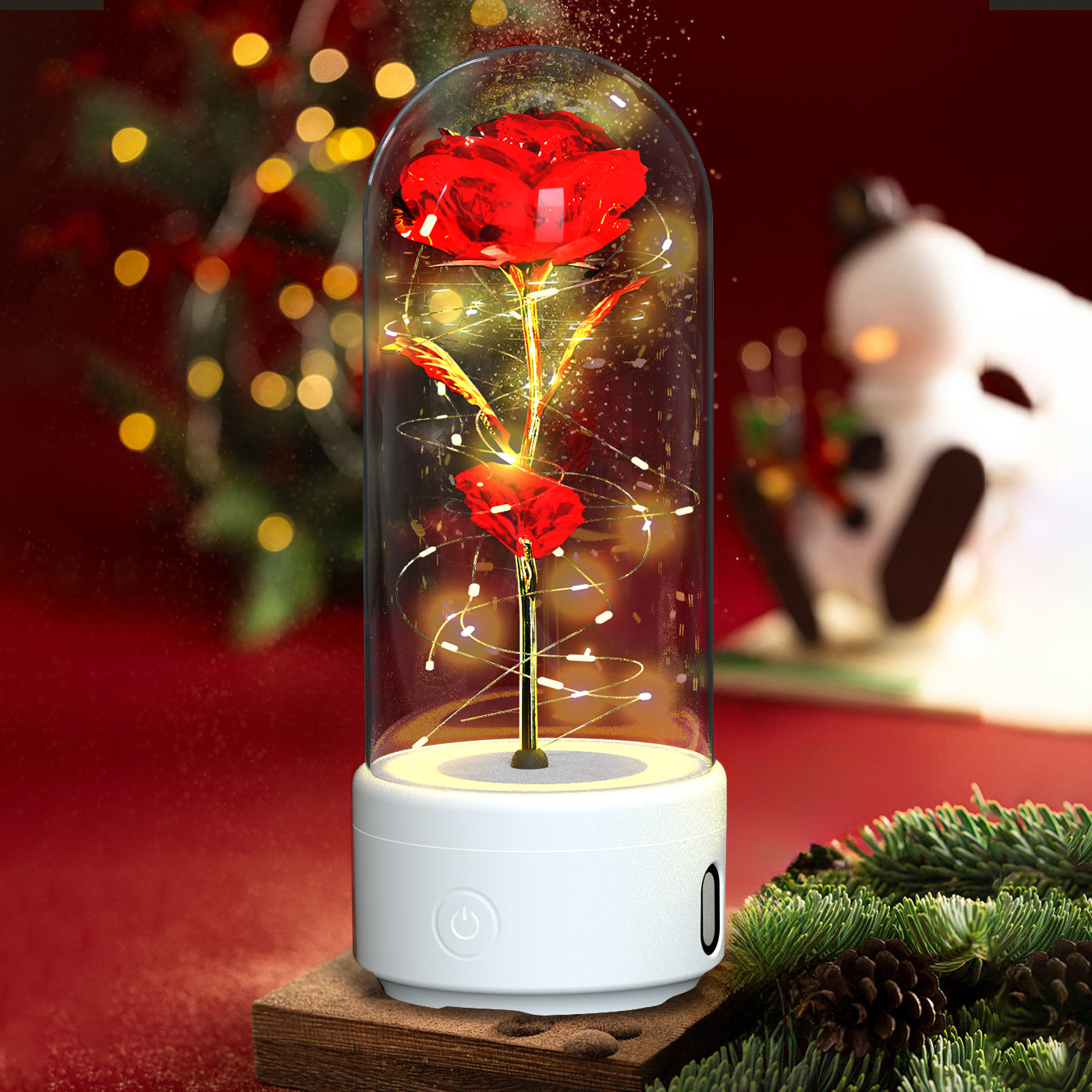 Lampe LED Créative 2-en-1 avec Haut-Parleur Bluetooth : Rose Lumineuse sous Cloche en Verre - Cadeau de Saint-Valentin
