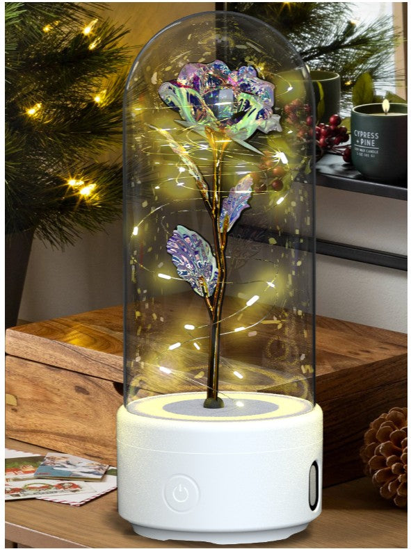 Lampe LED Créative 2-en-1 avec Haut-Parleur Bluetooth : Rose Lumineuse sous Cloche en Verre - Cadeau de Saint-Valentin