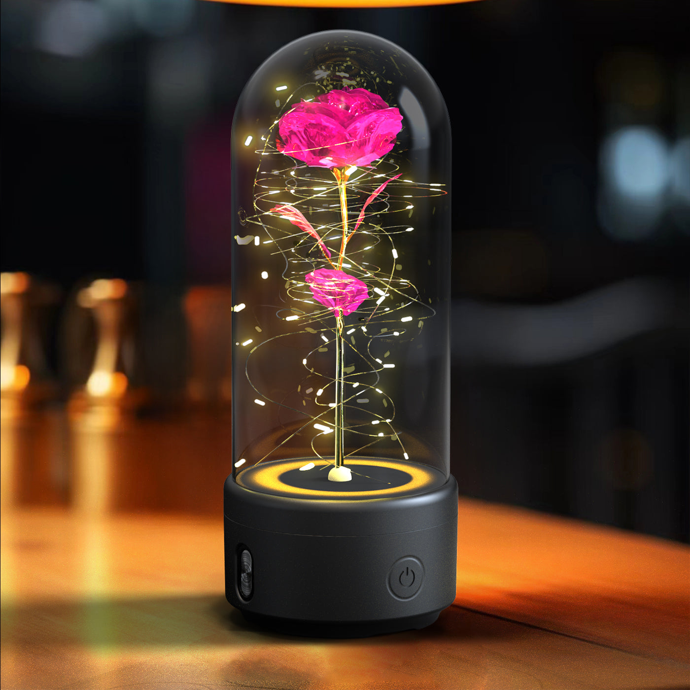 Lampe LED Créative 2-en-1 avec Haut-Parleur Bluetooth : Rose Lumineuse sous Cloche en Verre - Cadeau de Saint-Valentin