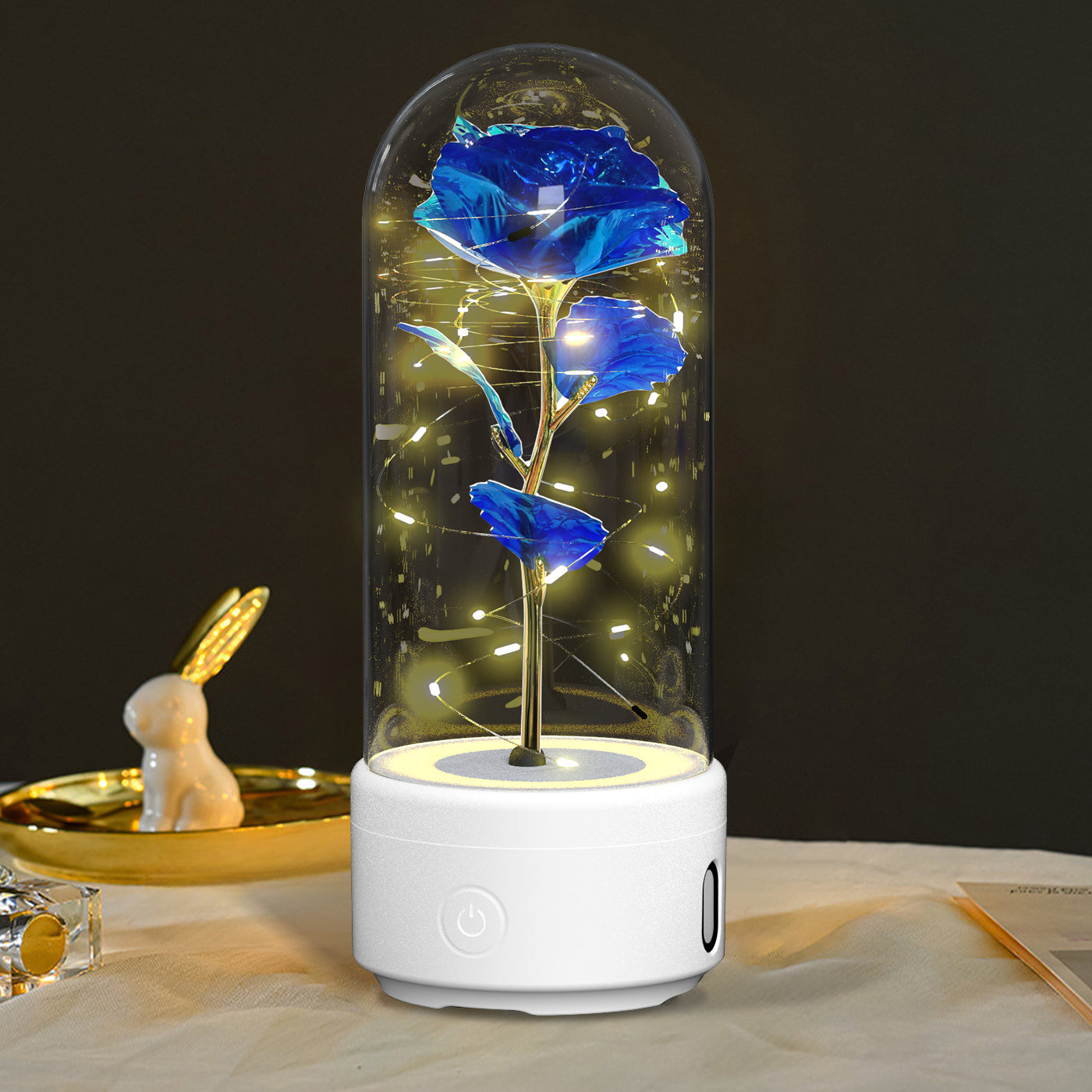 Lampe LED Créative 2-en-1 avec Haut-Parleur Bluetooth : Rose Lumineuse sous Cloche en Verre - Cadeau de Saint-Valentin