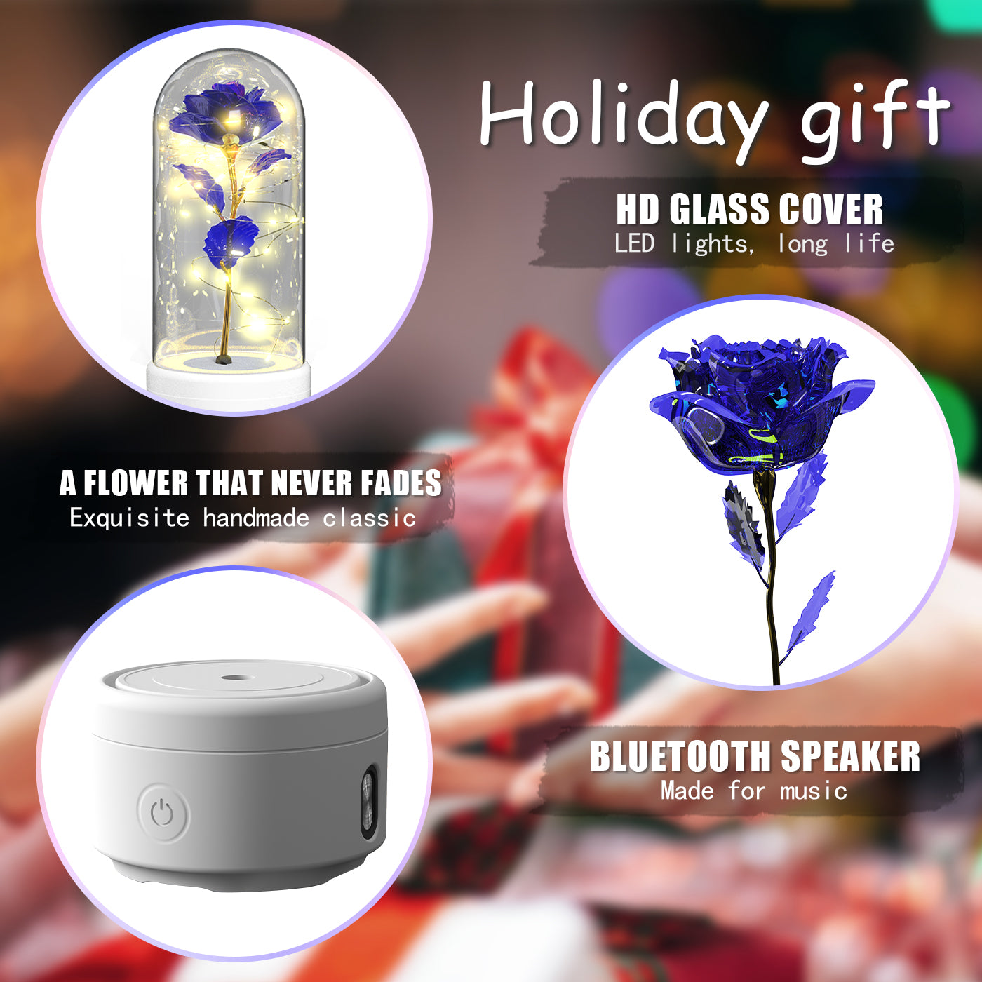 Lampe LED Créative 2-en-1 avec Haut-Parleur Bluetooth : Rose Lumineuse sous Cloche en Verre - Cadeau de Saint-Valentin