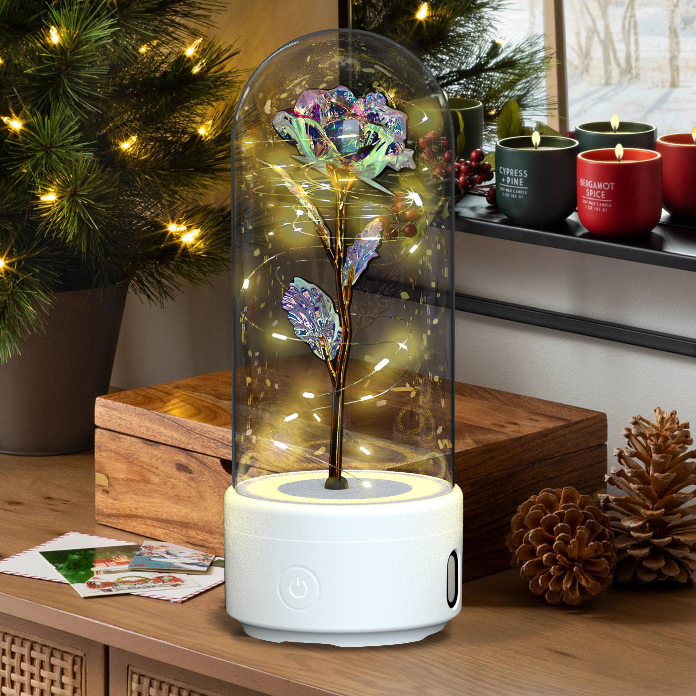 Lampe LED Créative 2-en-1 avec Haut-Parleur Bluetooth : Rose Lumineuse sous Cloche en Verre - Cadeau de Saint-Valentin