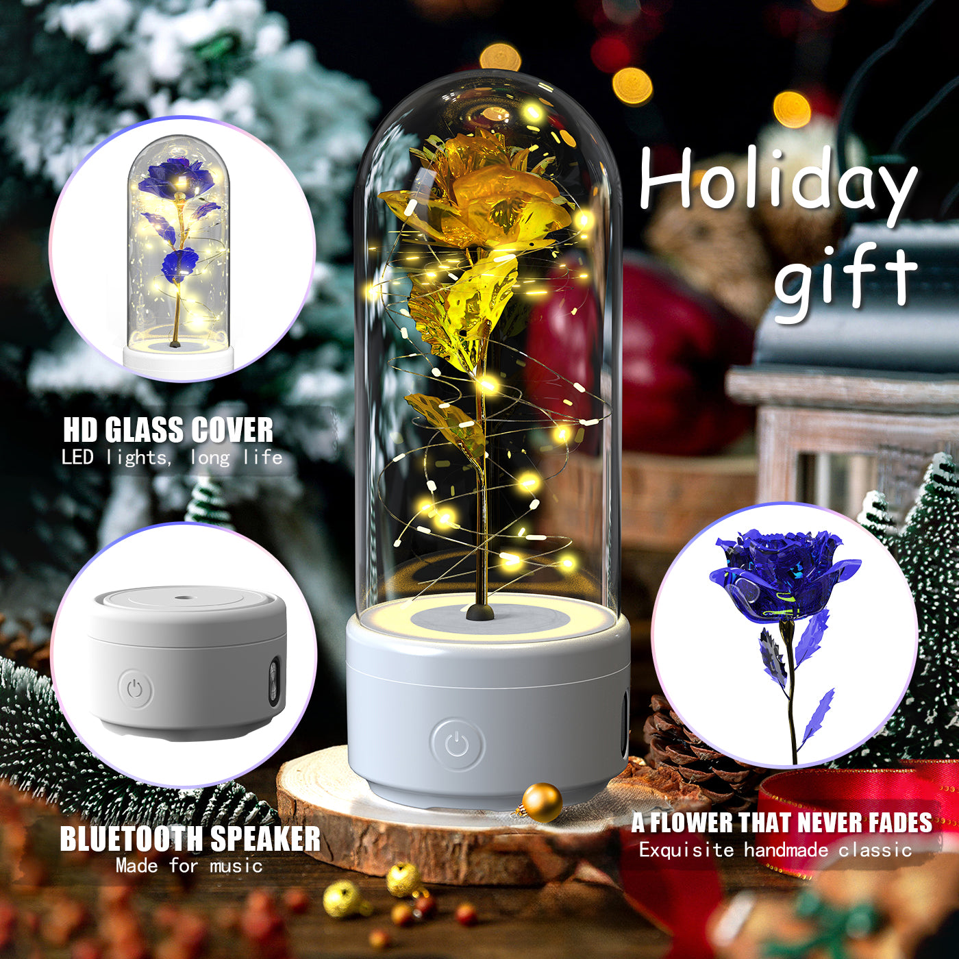 Lampe LED Créative 2-en-1 avec Haut-Parleur Bluetooth : Rose Lumineuse sous Cloche en Verre - Cadeau de Saint-Valentin