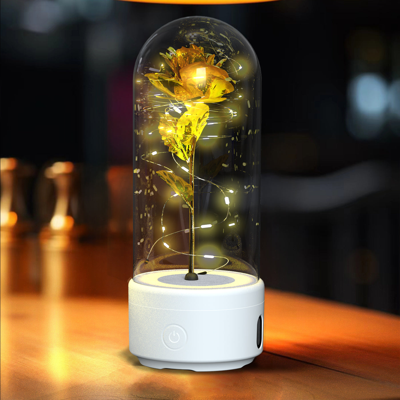 Lampe LED Créative 2-en-1 avec Haut-Parleur Bluetooth : Rose Lumineuse sous Cloche en Verre - Cadeau de Saint-Valentin
